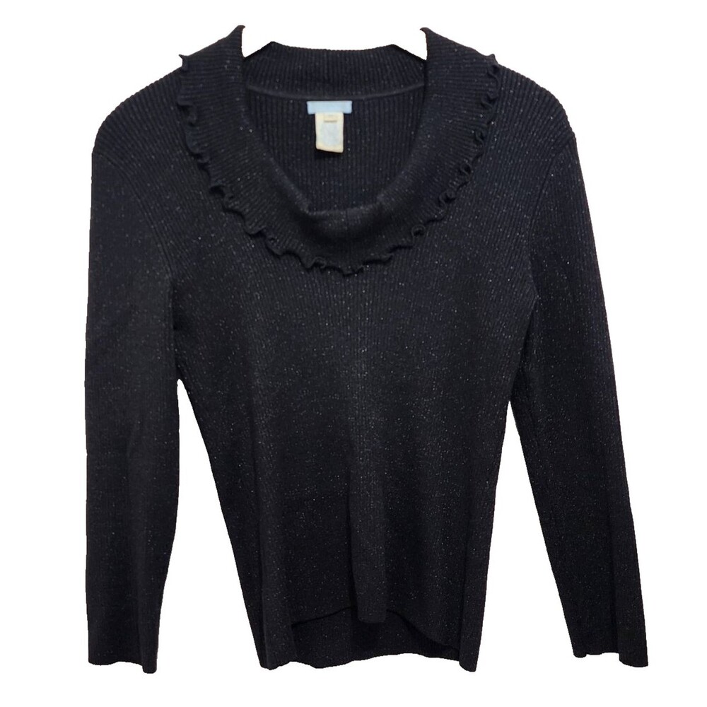 Urchin Shimmering Ruffle Collar Knit Sweater Black Silver Silk Blend Size M